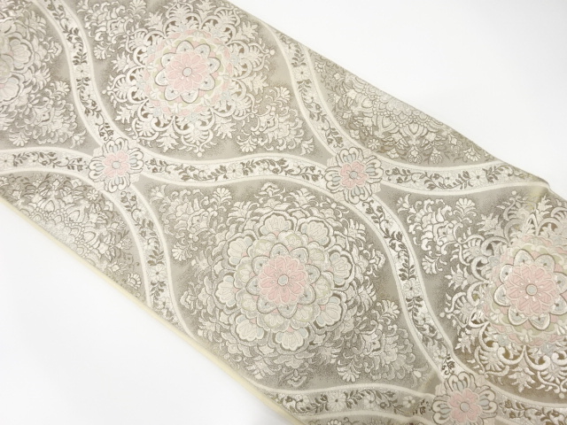 JAPANESE KIMONO / ANTIQUE FUKURO OBI / SILK / WOVEN FLORAL CREST